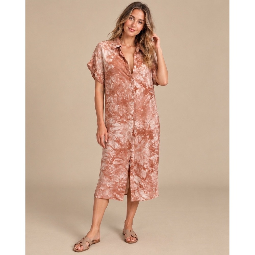 Lulus Carefree Lifestyle Tie-Dye Terracotta Maxi Shirt Dress Size Small Boho